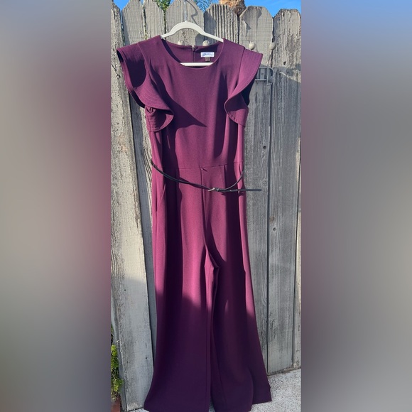 Calvin Klein Belted Ruffle-Sleeve Jumpsuit In Purple. - Picture 3 of 5